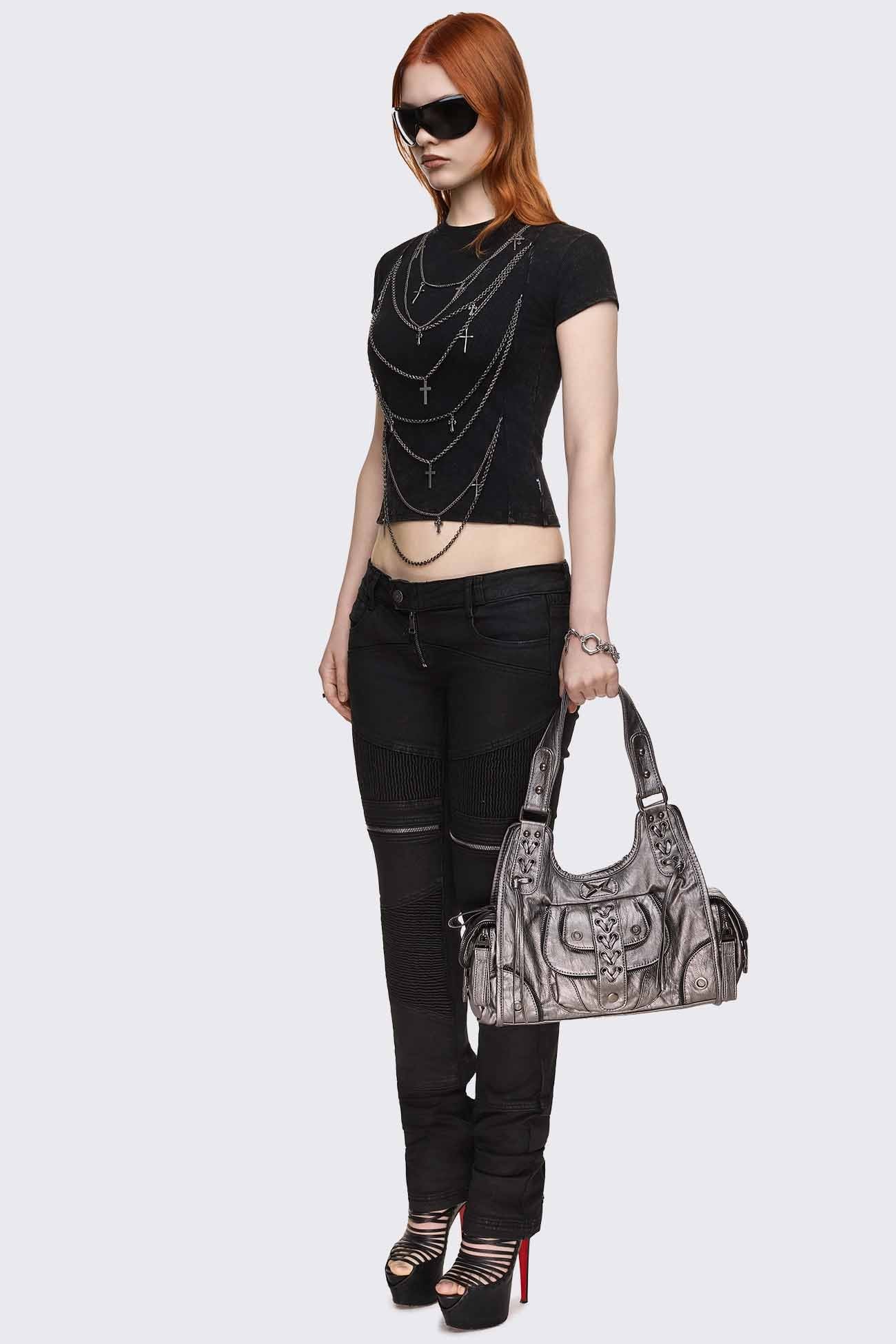 Jules Silver Faux Leather Shoulder Bag - Image 7