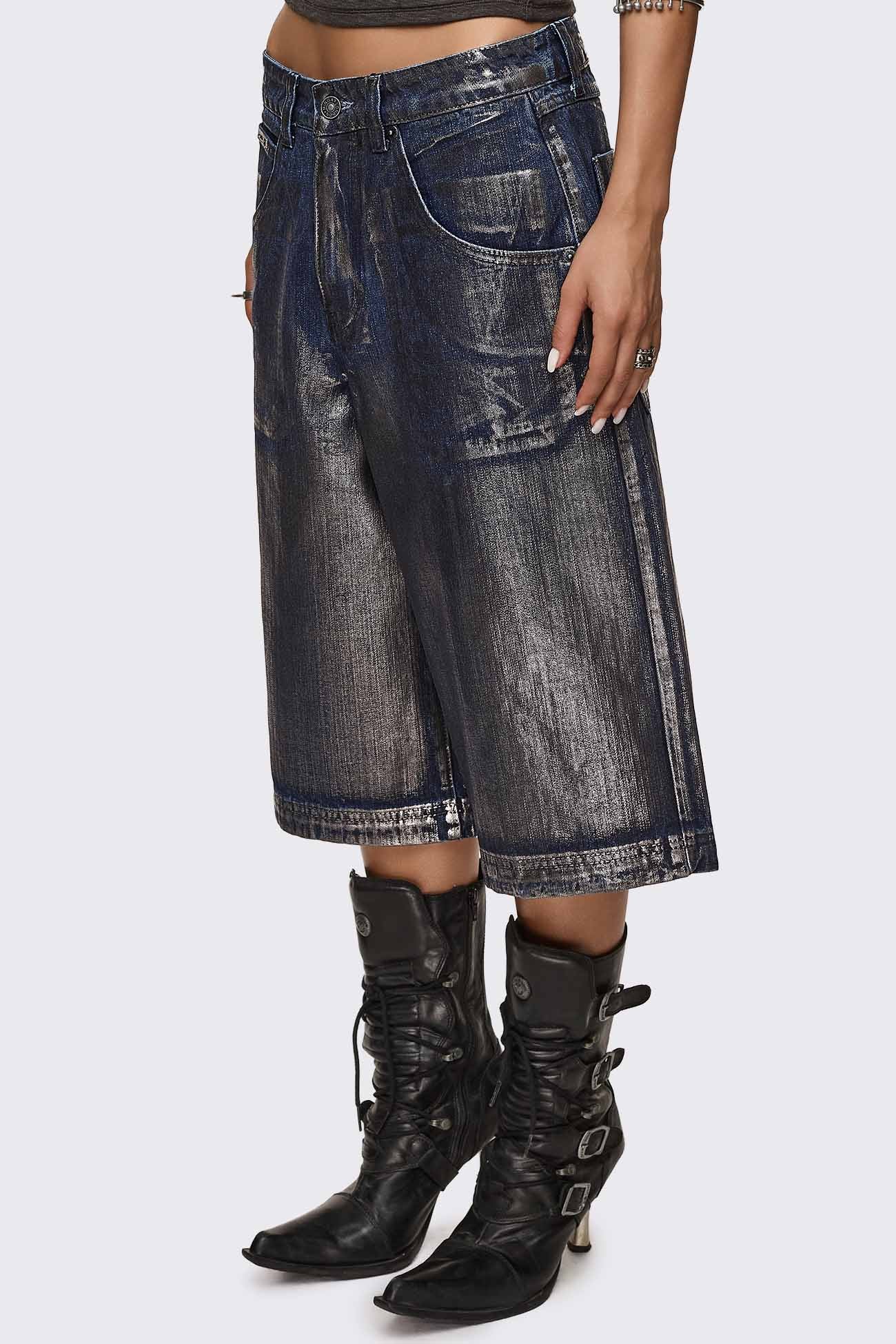 Metallic Coated Blue Denim Jorts - Image 3