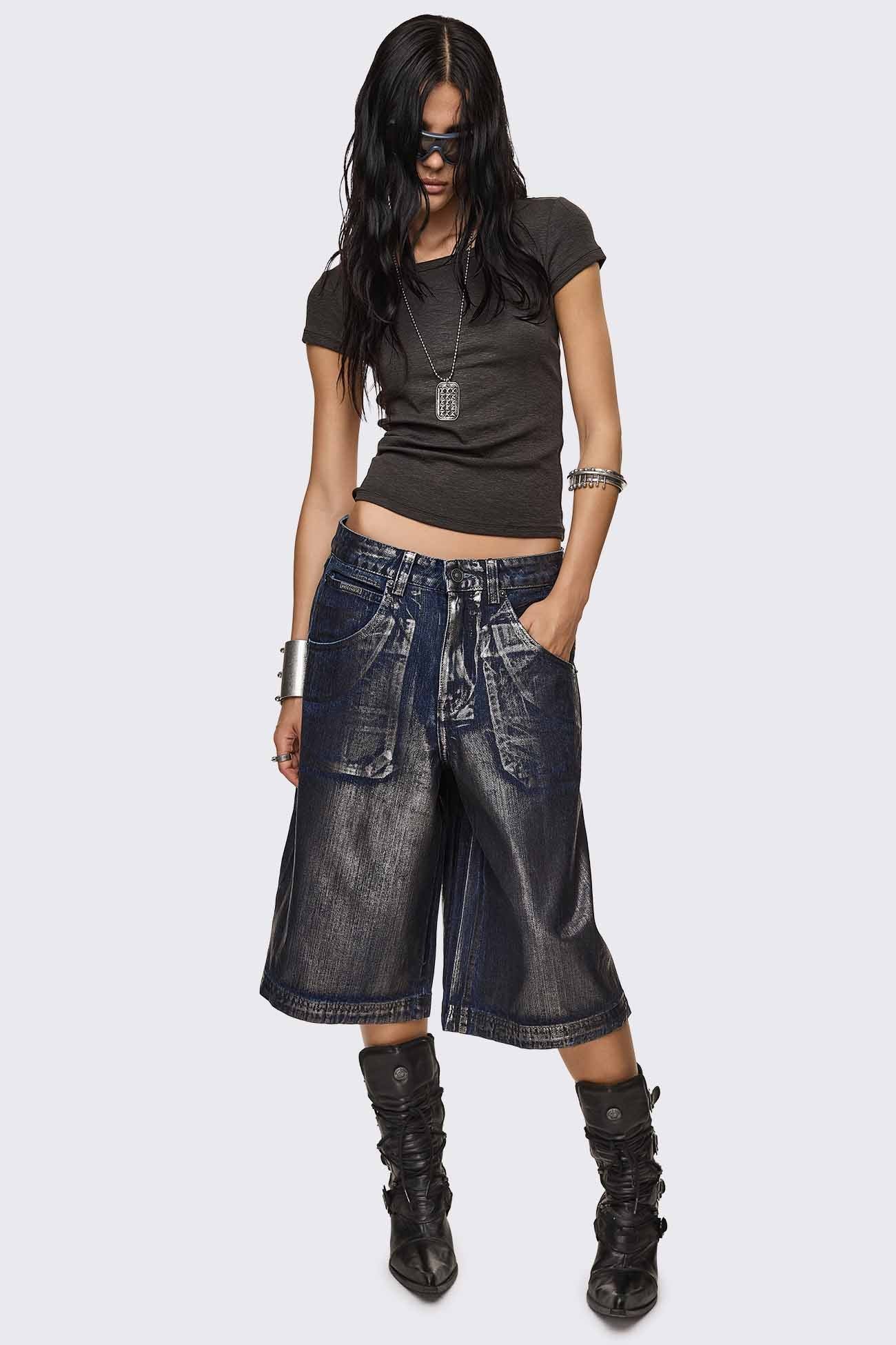 Metallic Coated Blue Denim Jorts - Image 4