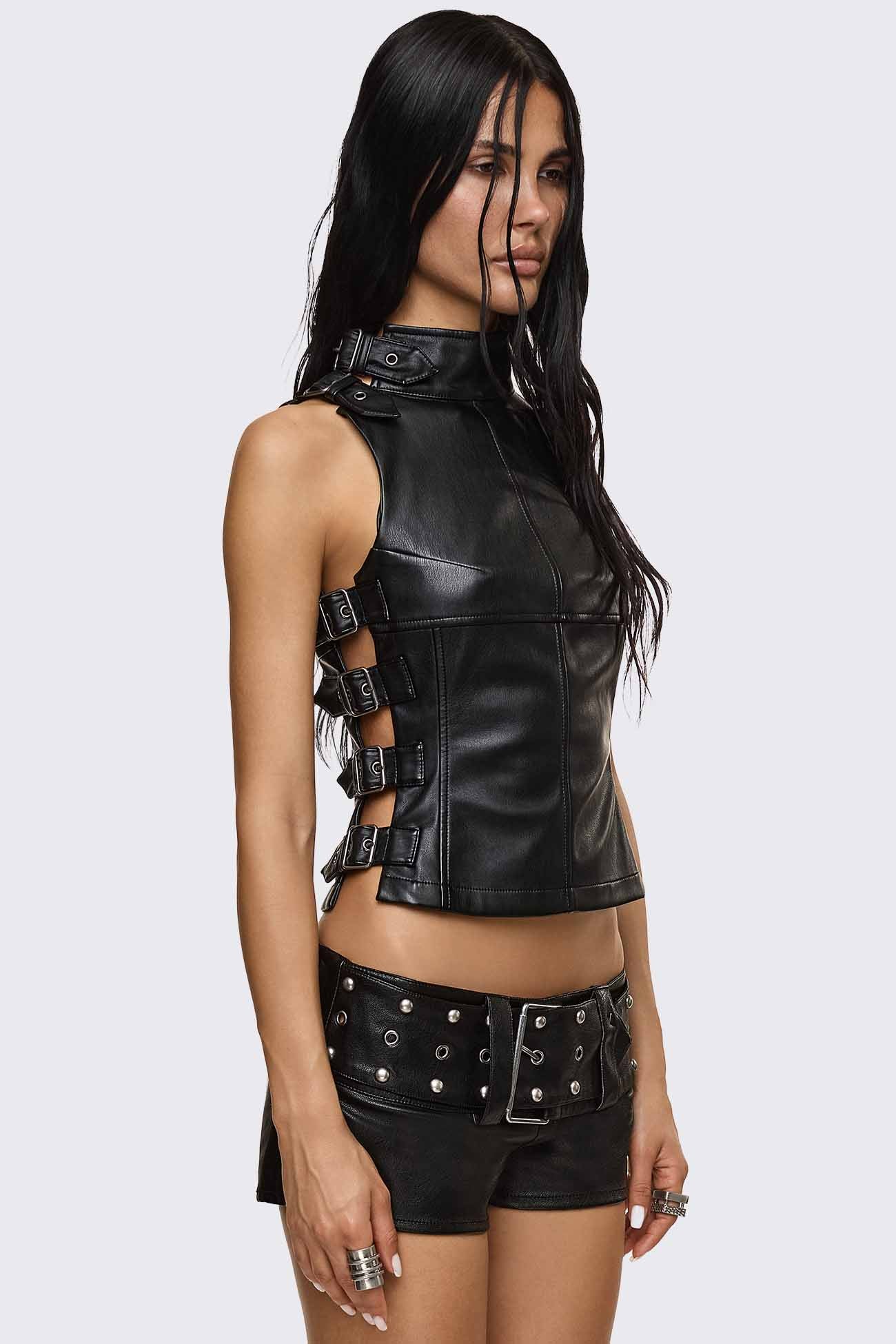 Omen Buckle Faux Leather Top - Image 2