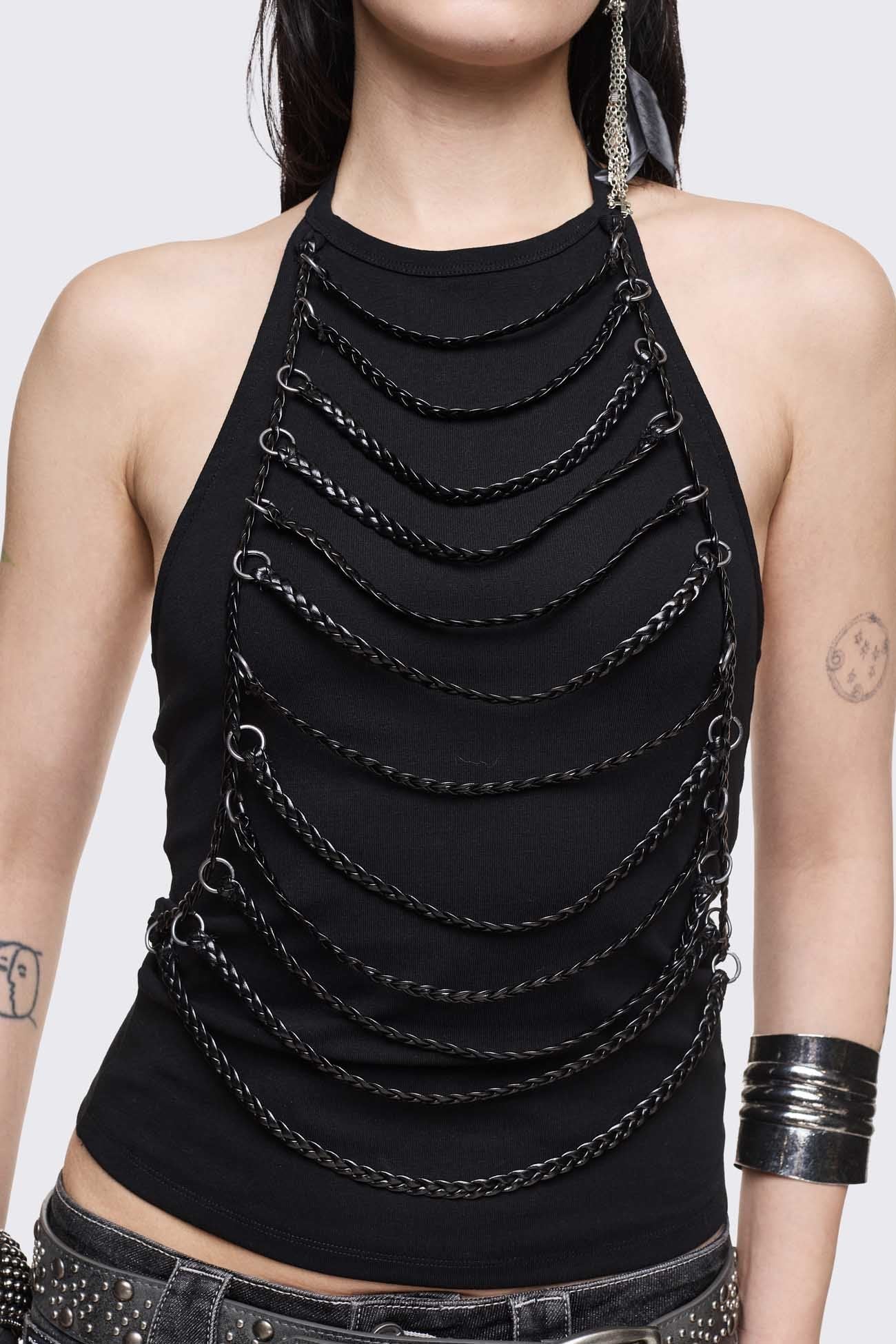 Unravel Black Layered Chain Halter Top - Image 3