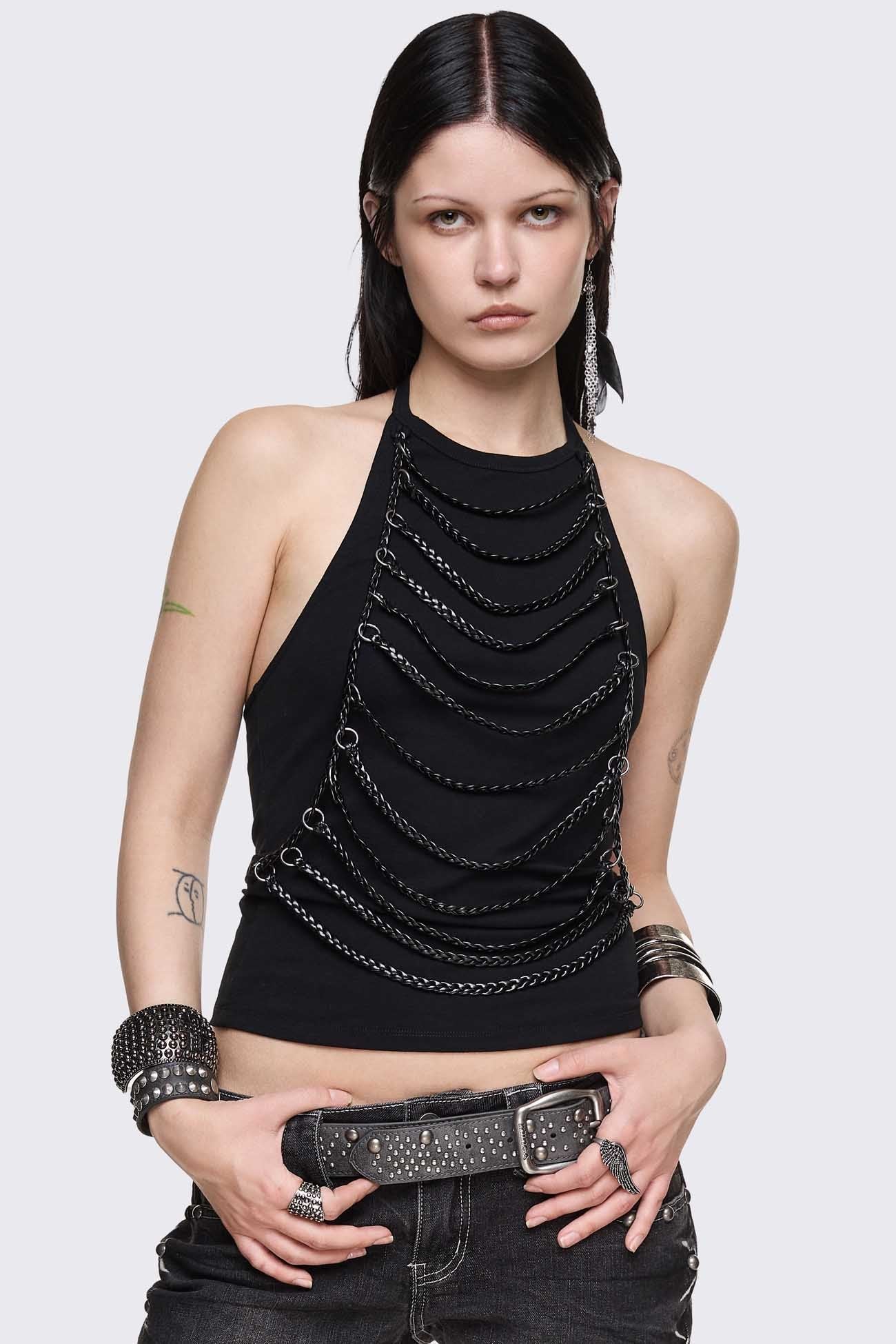 Unravel Black Layered Chain Halter Top - Image 5